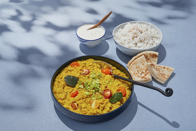 Red lentil dhal with rice and salted yogurt