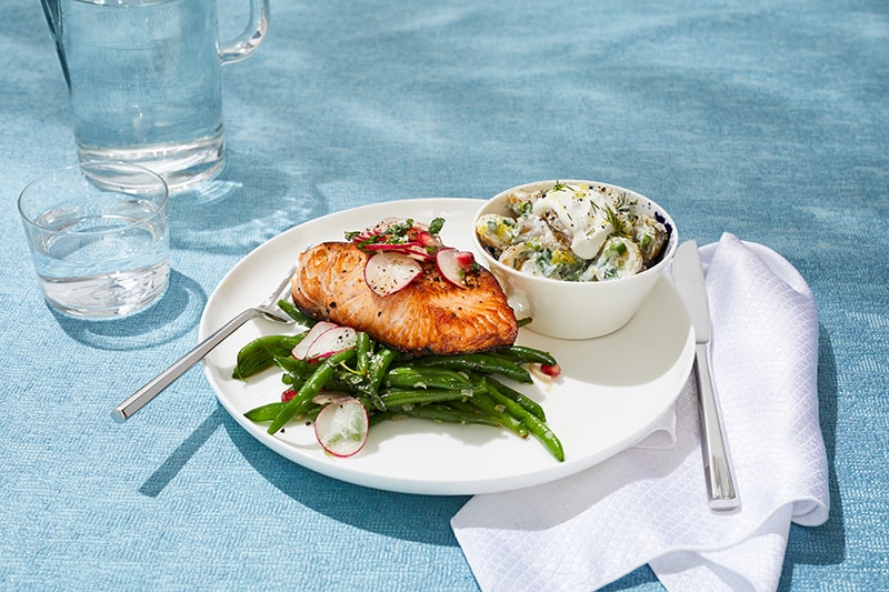 Pan seared salmon with dill yogurt potatoes &amp; salad