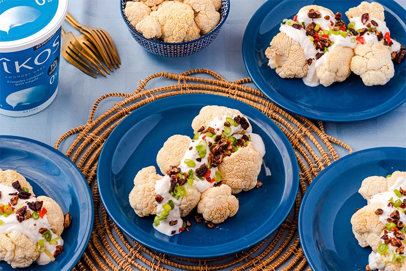 Cajun yogurt &quot;fried&quot; cauliflower, crushed BBQ pecans, jalapeno pepper and green onions