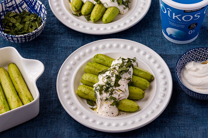 Grilled cucumbers in olive oil, lemon yogurt, mint and dill